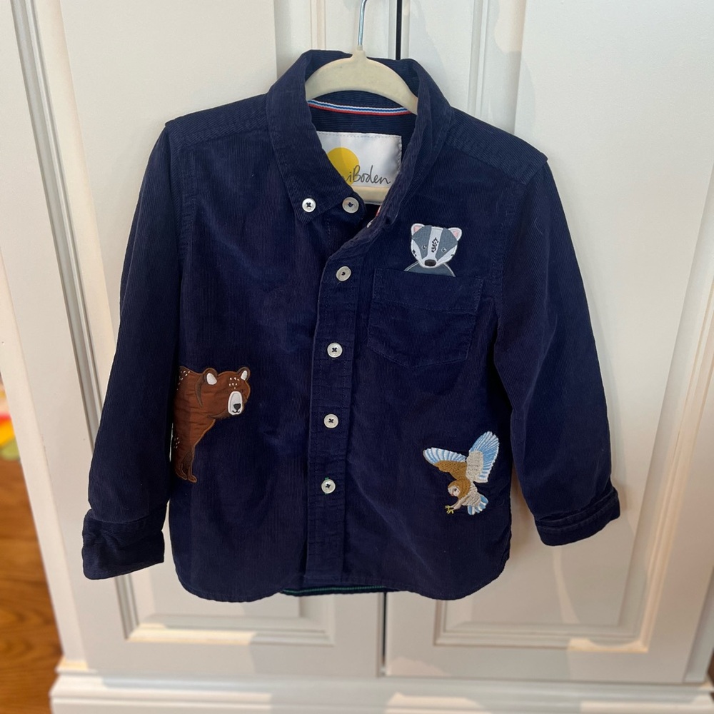NWOT Mini Boden 2-3y or 2-3T blue corduroy button down shirt woodland creatures
